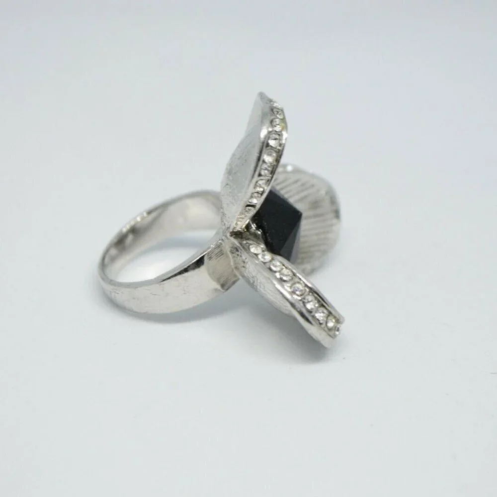Clear Black Glass Rhinestone 3D Flower Silver Tone